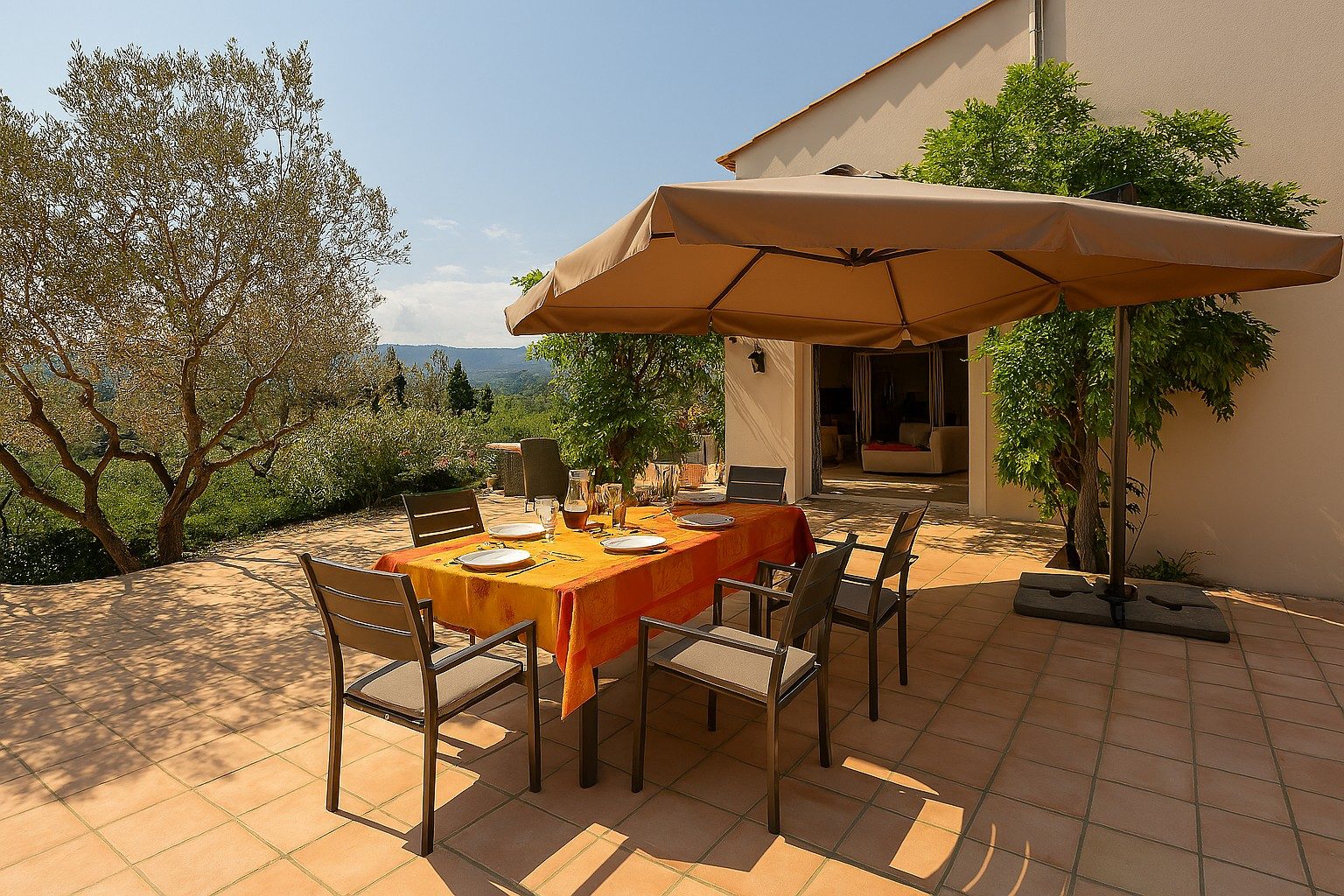 Table dressée sous la pergola de glycine